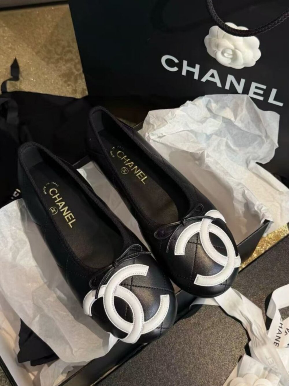 CHANEL Black White CC Logo Bow Ballet Flats